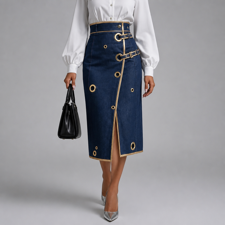 Wearbella – Asymmetric Wrap Denim Look Midi Skirt