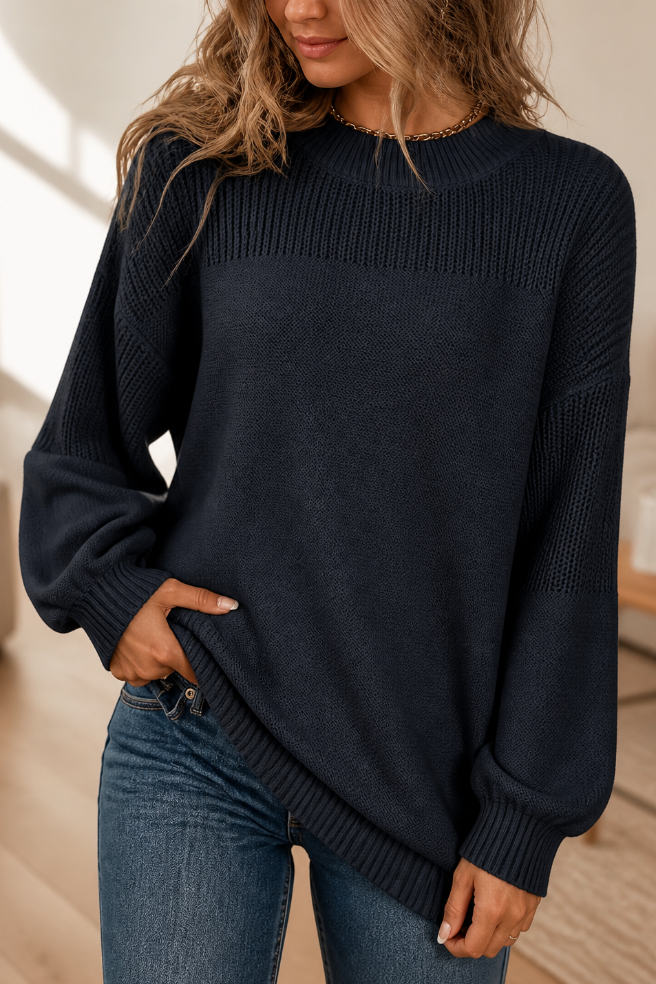 Cozelin – Ribbed Knit Dropped-Shoulder Oversized Sweater
