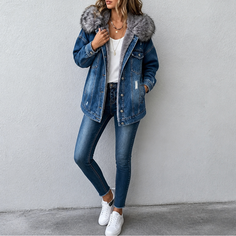 Wearbella – Fur-Collar Distressed Denim Jacket