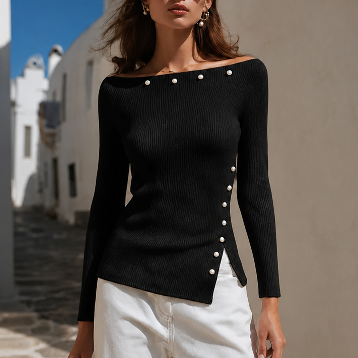 Cassidra – Pearl-Trim Off-Shoulder Ribbed Knit Top