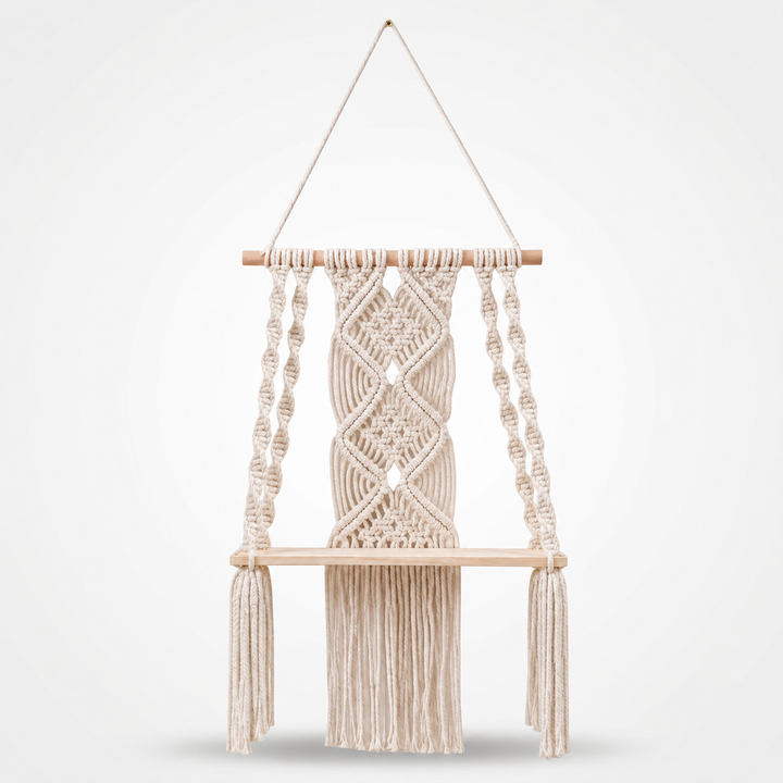 Woven Haven – Macramé Diamond Pattern Wooden Wall Shelf