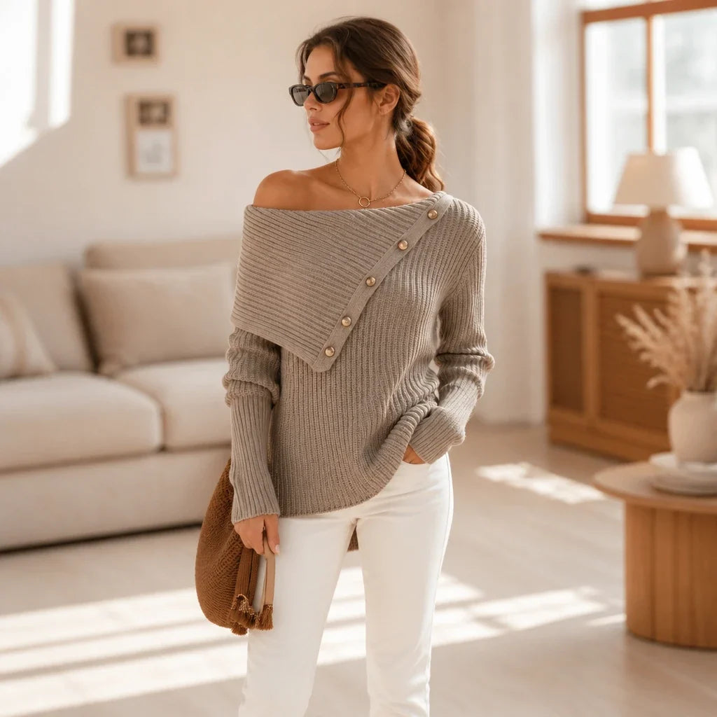Velora – Asymmetric Button Off-The-Shoulder Knit Sweater