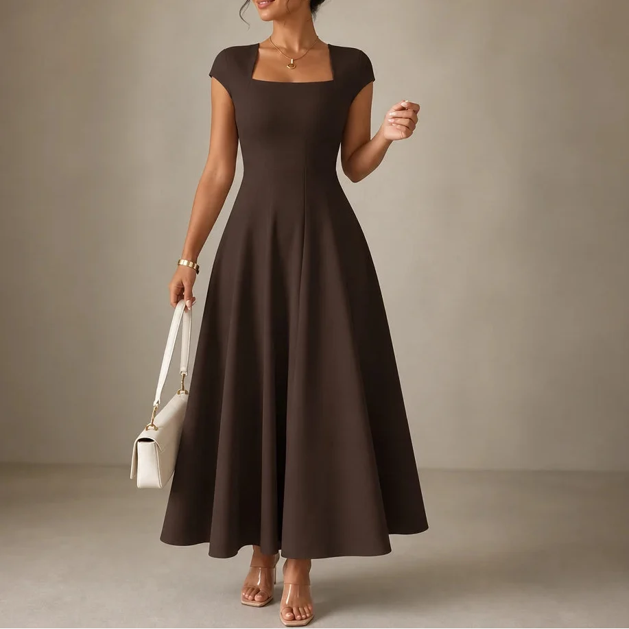 Alina – Square Neck Fitted Bodice A-Line Midi Dress