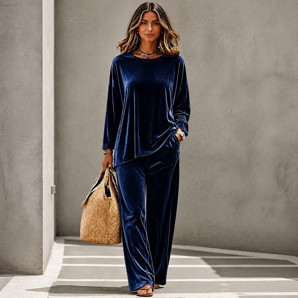 Velvenne – Wide-Leg Velvet-Look Top And Trouser Set