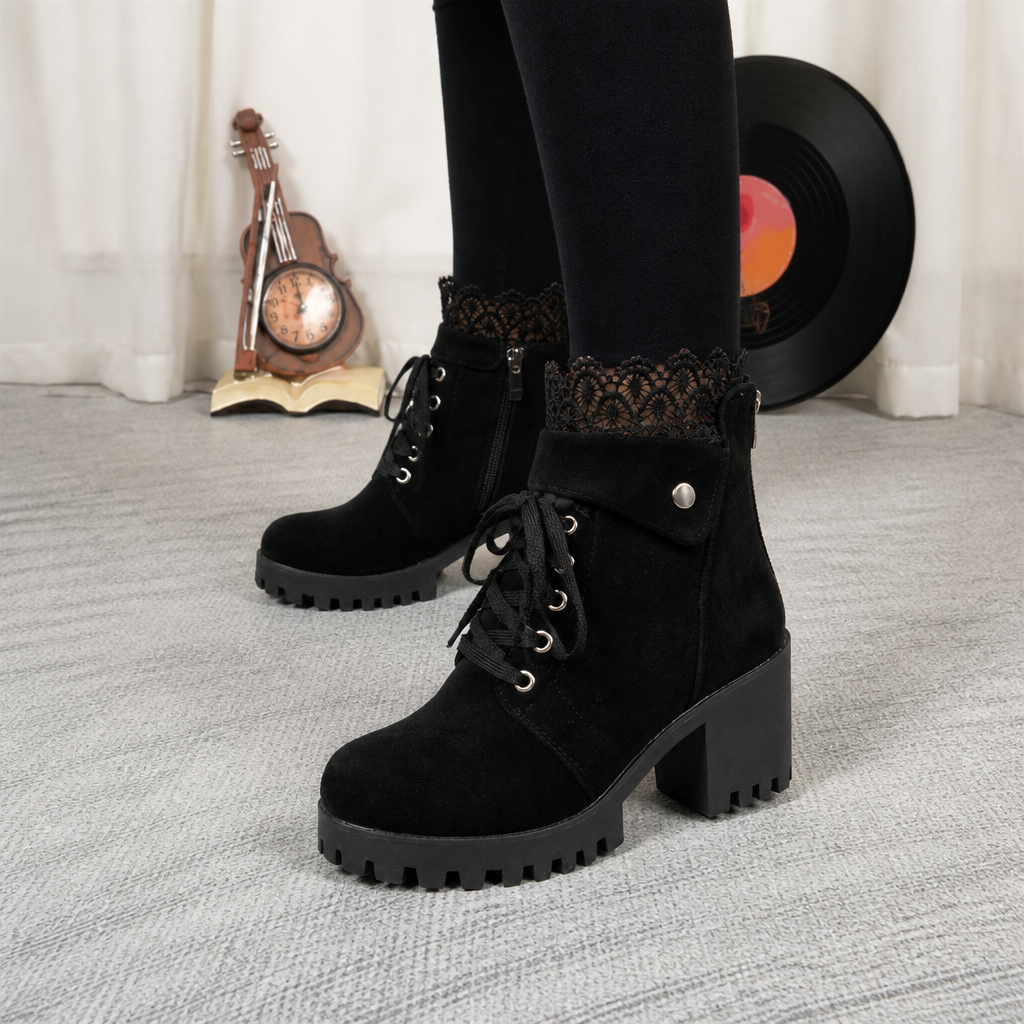Lacevoya – Lace-Up Chunky Heel Ankle Booties