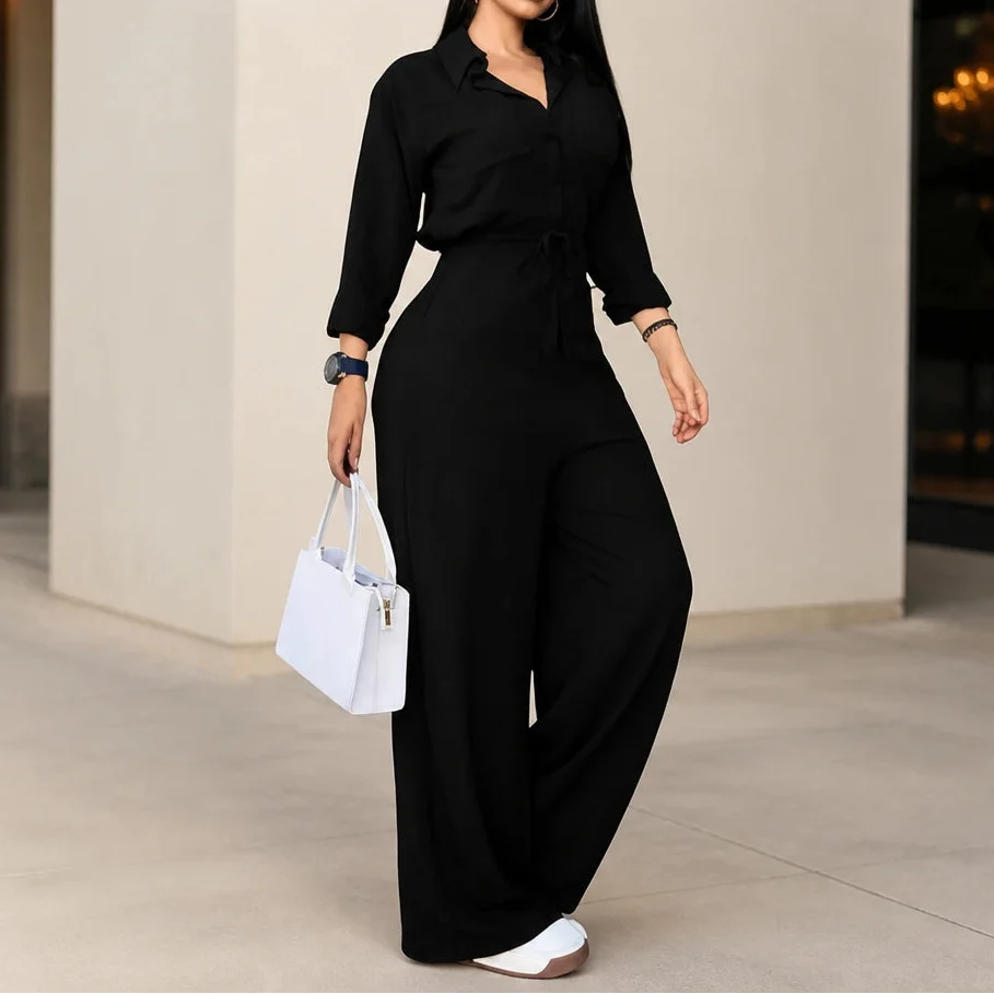 Silhouette – Collared Tie-Waist Wide-Leg Jumpsuit