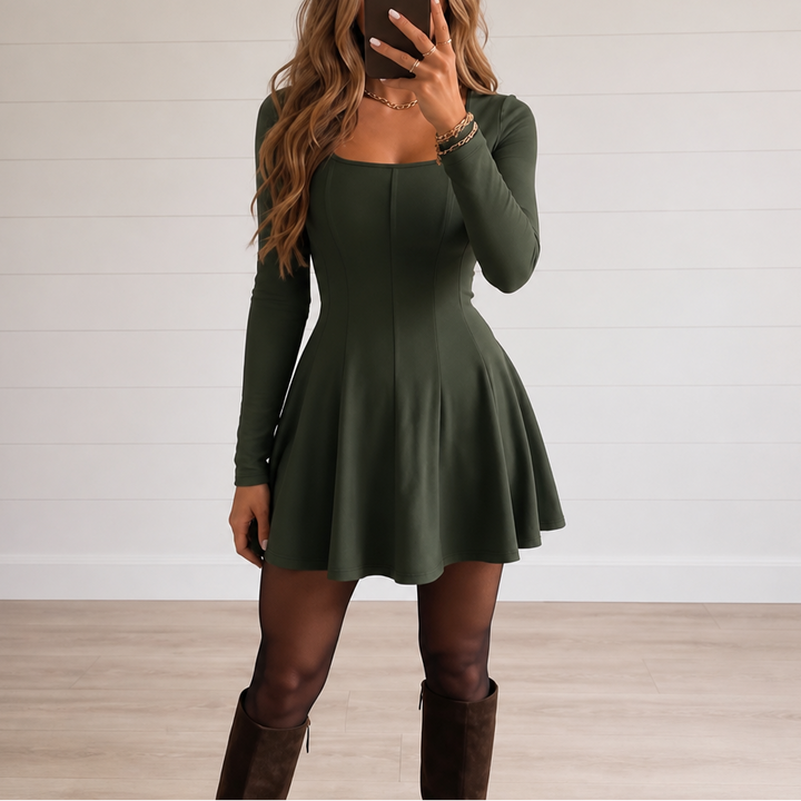Wearbella – Square Neck Long Sleeve A-Line Mini Dress