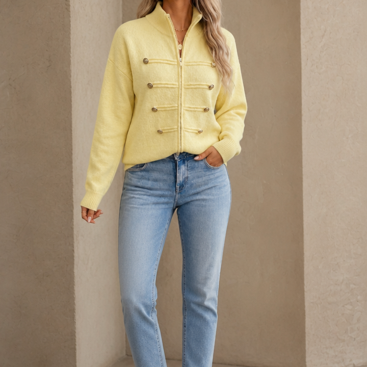 Mayfield – Gold Button Military-Style Knit Cardigan