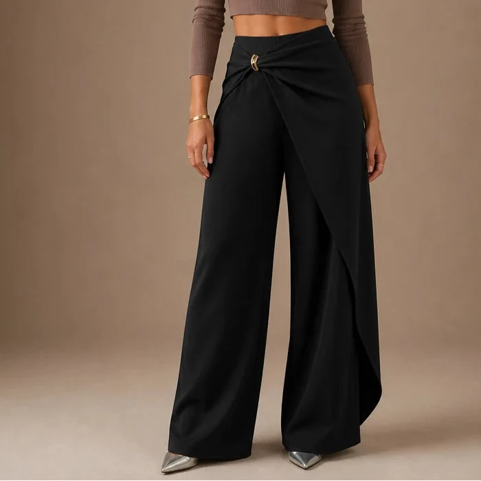Veloura – Buckle Crossover Draped Wide-Leg Trousers