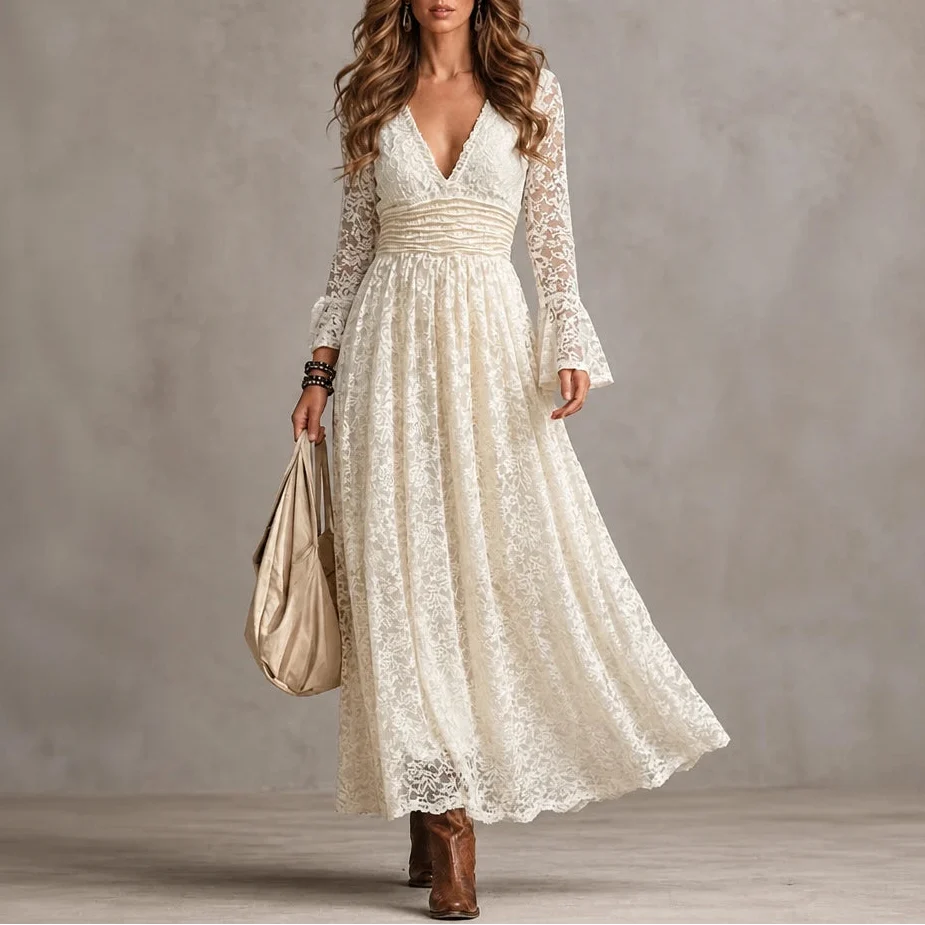Florenza – Scalloped V-Neck Ruched Waist Lace Maxi Dress