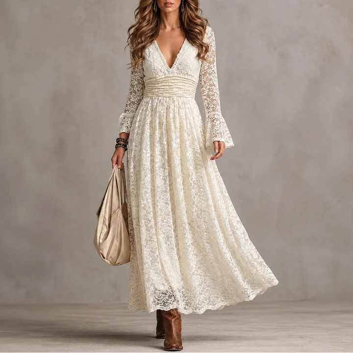 Florenza – Scalloped V-Neck Ruched Waist Lace Maxi Dress