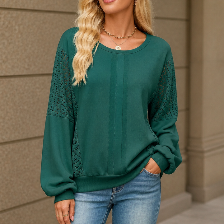 Lacebella – Floral Lace Panel Lantern-Sleeve Sweatshirt