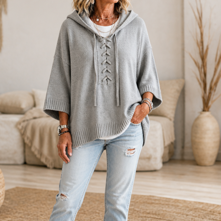 Lunarknit – Lace-Up Deep V Hooded Knit Pullover