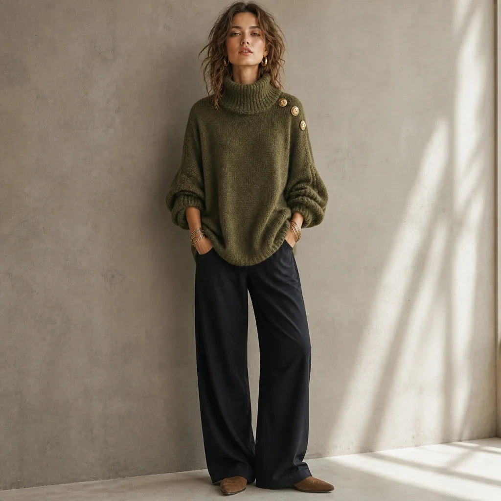 Aurelle – Gold Button Shoulder Knit Turtleneck Sweater