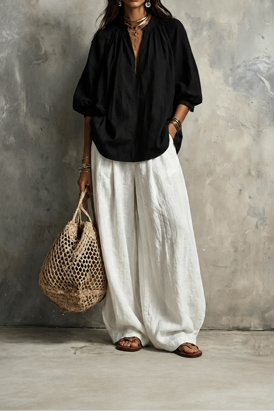 Amselle – Ruched Collar Blouse And Wide Leg Pants Set