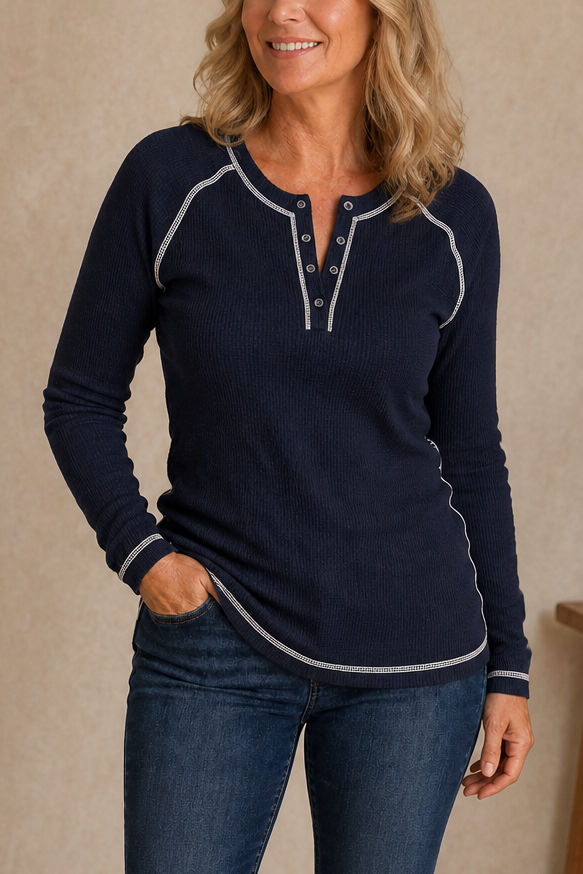 Wearbella – Waffle Knit Contrast Stitch Henley Top