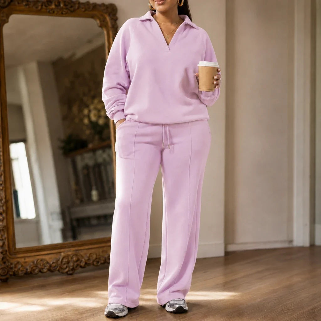 Velaire – Collared V-Neck Top And Straight-Leg Pants Set