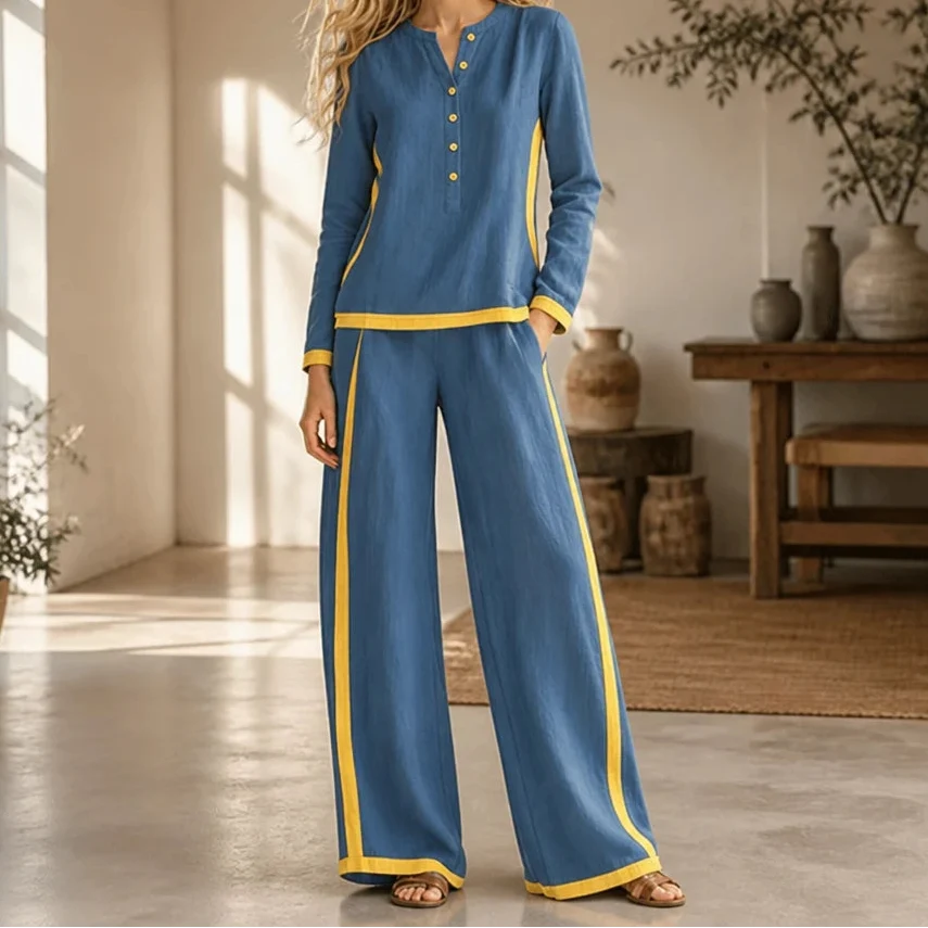 Modaform – Color-Block Long-Sleeve Top And Wide-Leg Pants Set