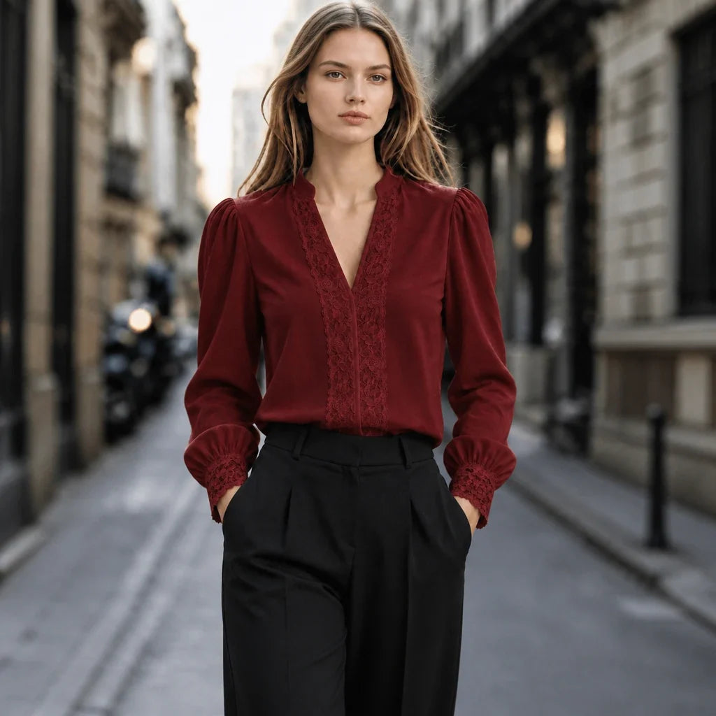 Lacevera – Lace-Trimmed V-Neck Chiffon Blouse