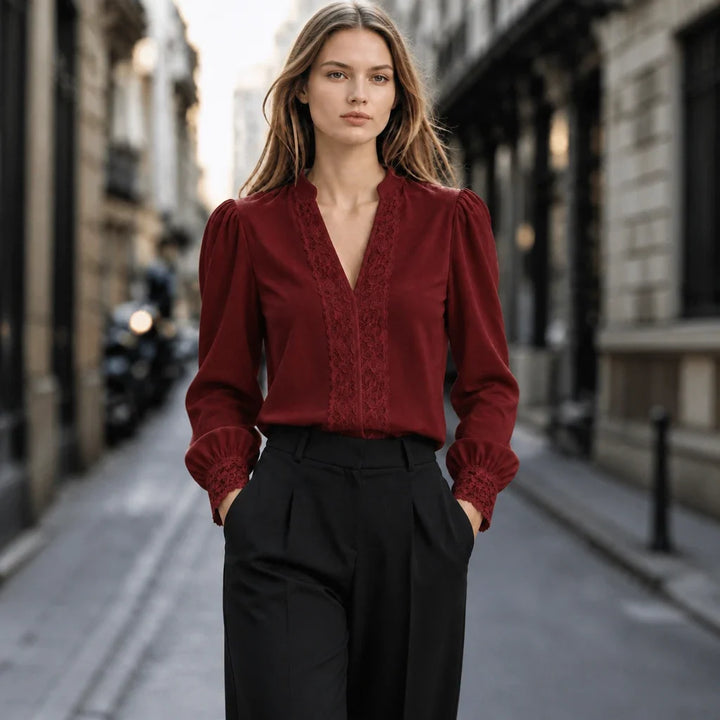 Lacevera – Lace-Trimmed V-Neck Chiffon Blouse