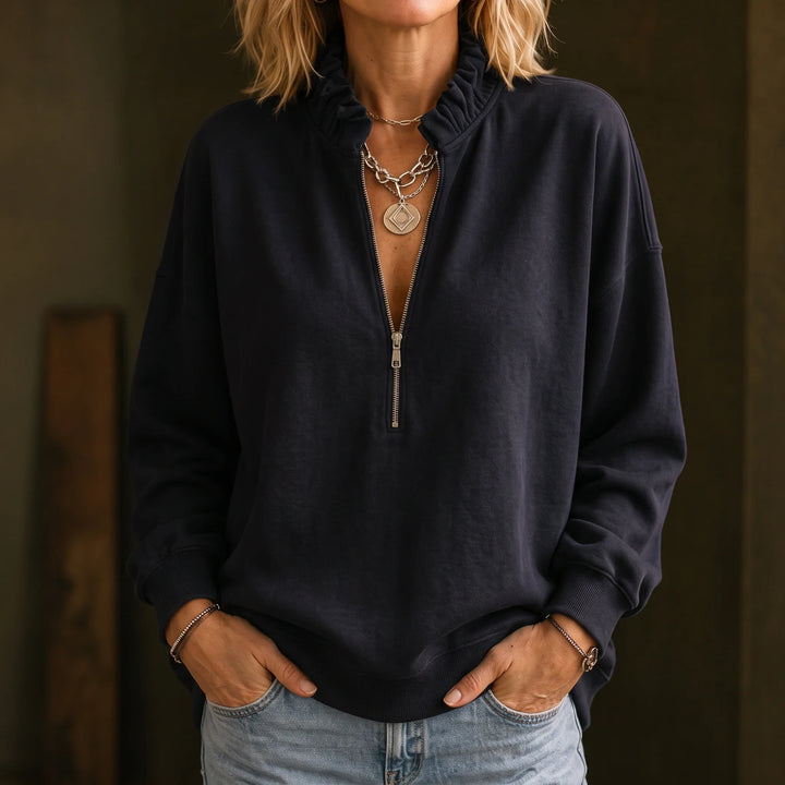 Ruffle & Rise – Ruffled Mock-Neck Quarter-Zip Sweatshirt