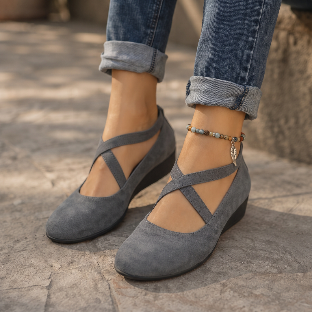 Elara Wedge – Crisscross Elastic Strap Wedge Flats