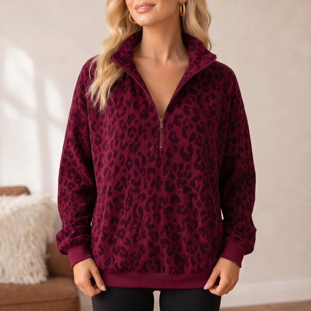 Roamprint – Leopard Print Oversized Quarter-Zip Sweatshirt