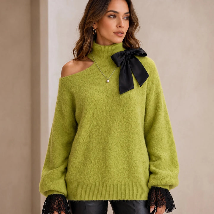 Wearbella – Bow Lace Patchwork Cold-Shoulder Sweater