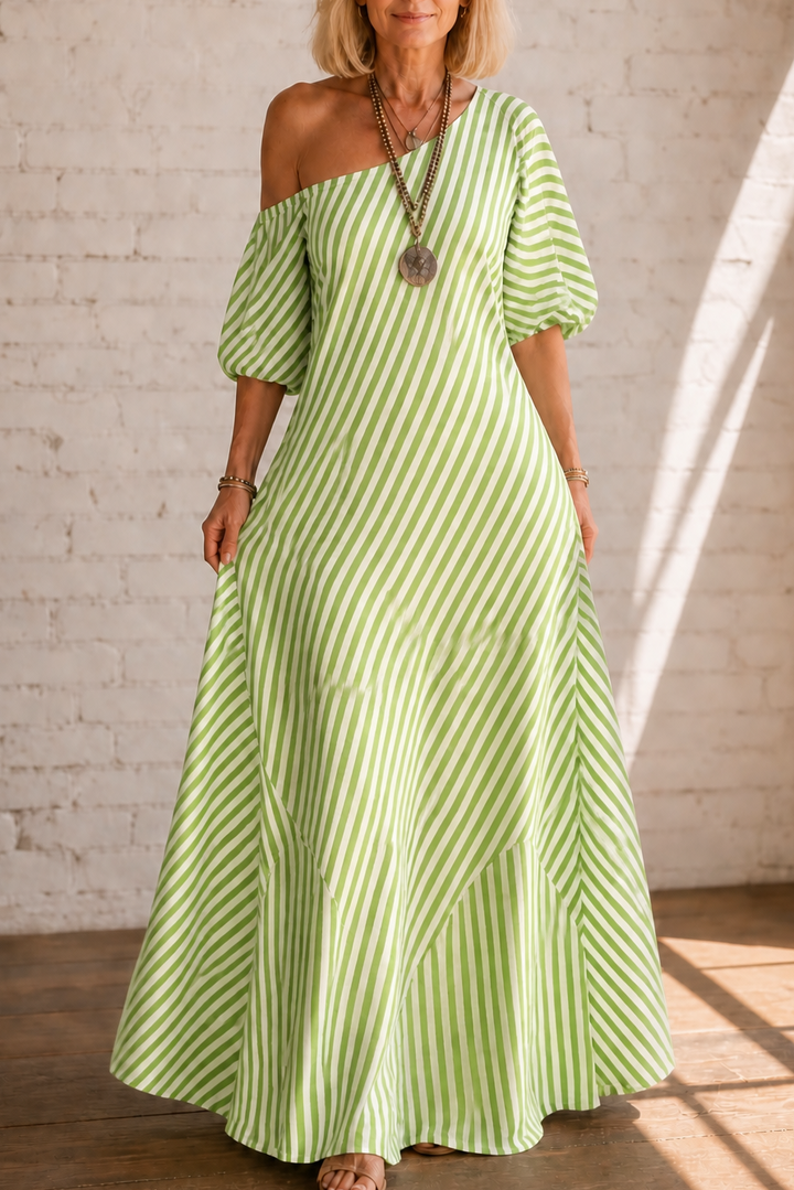 Onestrand – Striped One-Shoulder Puff Sleeve Maxi Dress