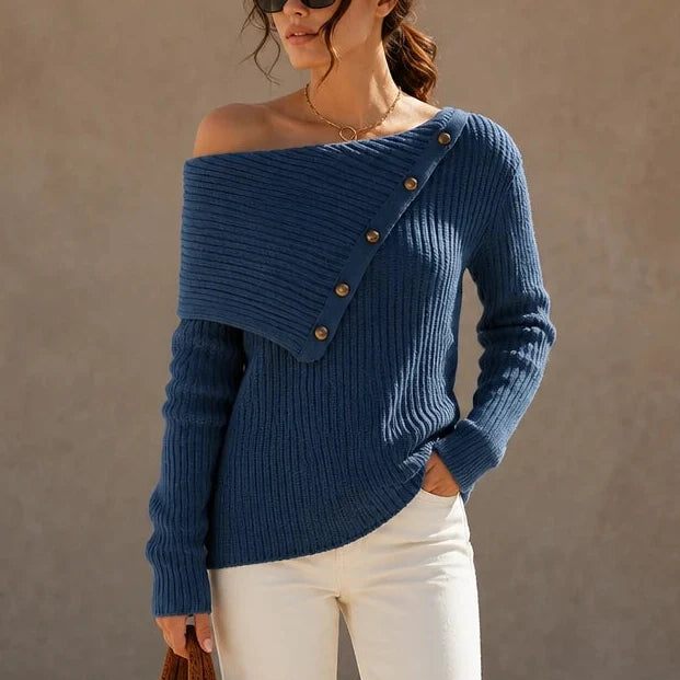 Velaine – Asymmetric Off-Shoulder Ribbed Sweater