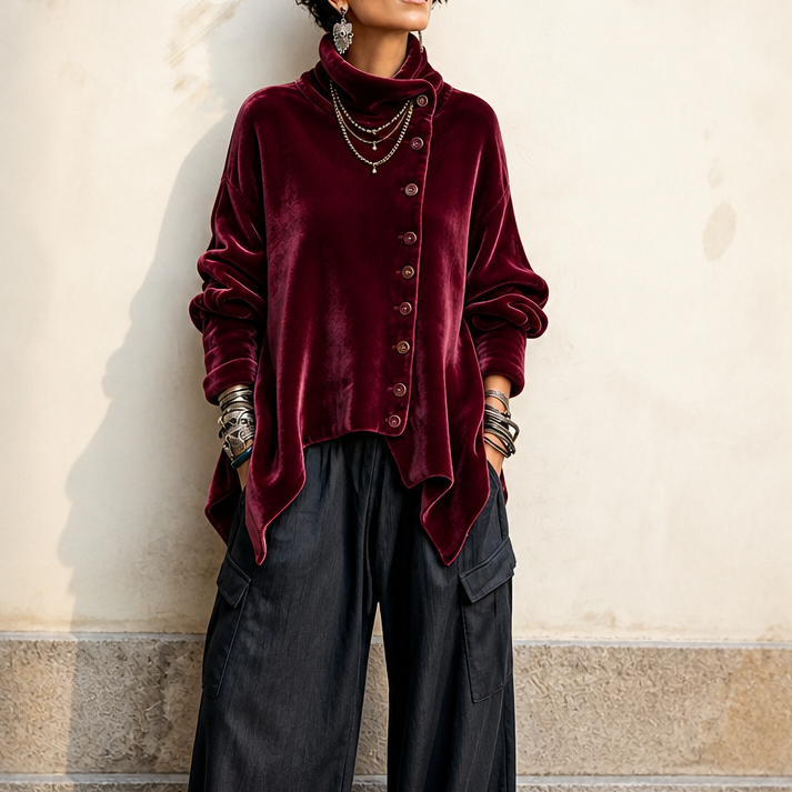 Velvara – Asymmetric Button Velvet Turtleneck Top