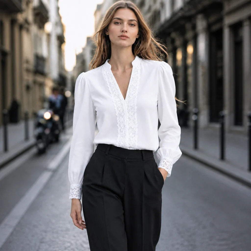 Lacevera – Lace-Trimmed V-Neck Chiffon Blouse
