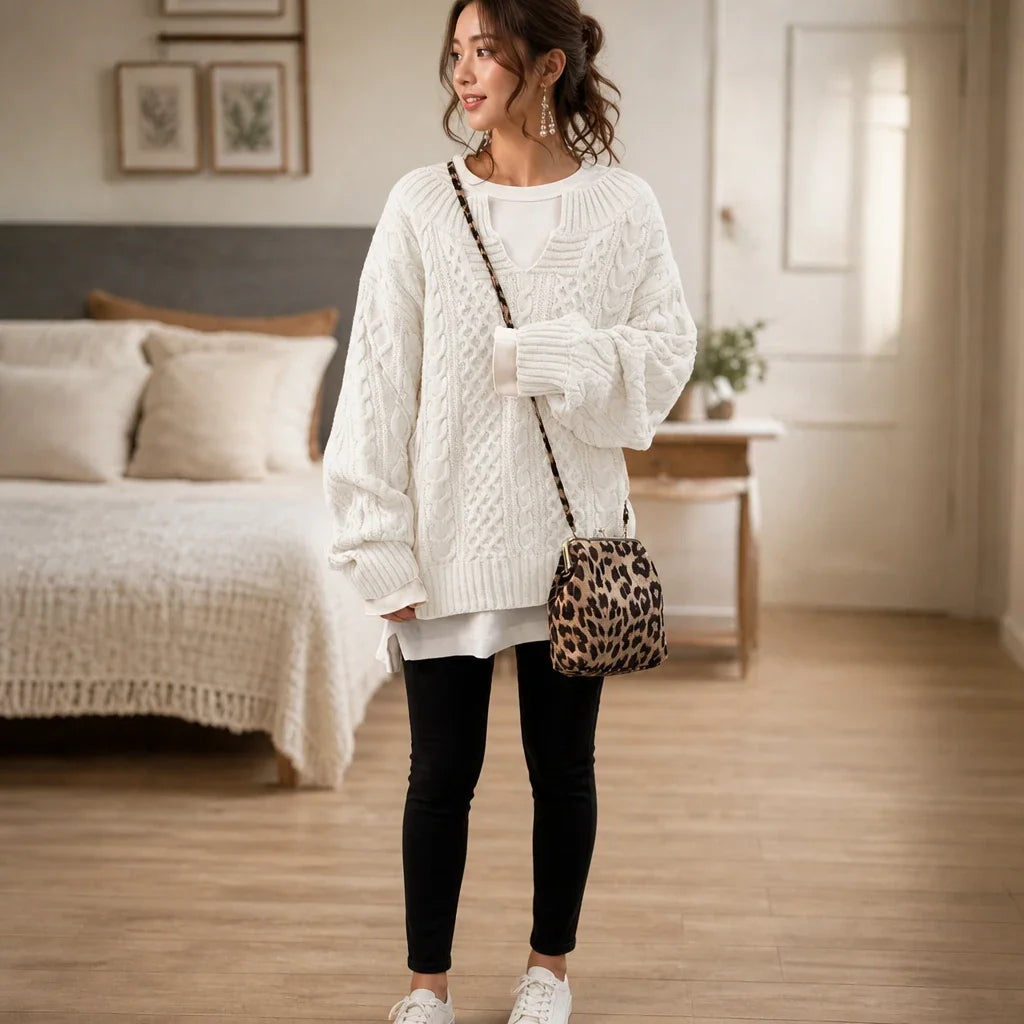 Layerella – Cable-Knit Mock-Layer V-Neck Sweater