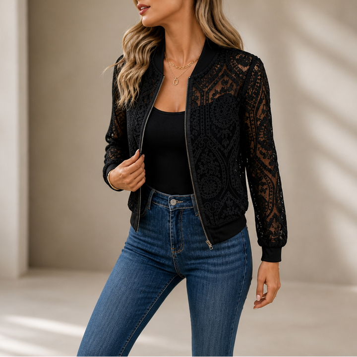 Laceleigh – Sheer Floral Lace Bomber Jacket
