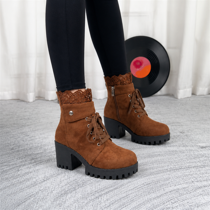 Lacevoya – Lace-Up Chunky Heel Ankle Booties