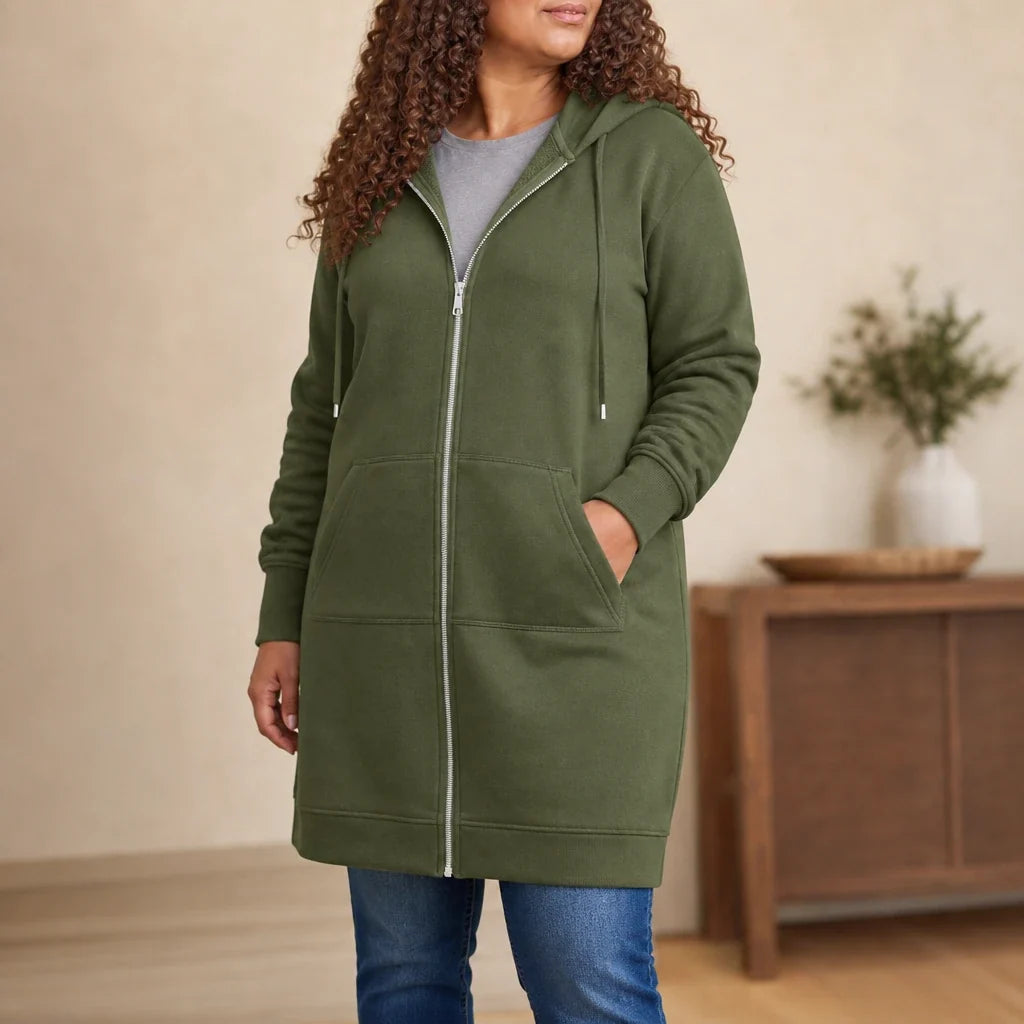 Cozyline – Knee-Length Fleece-Lined Zip-Up Hoodie