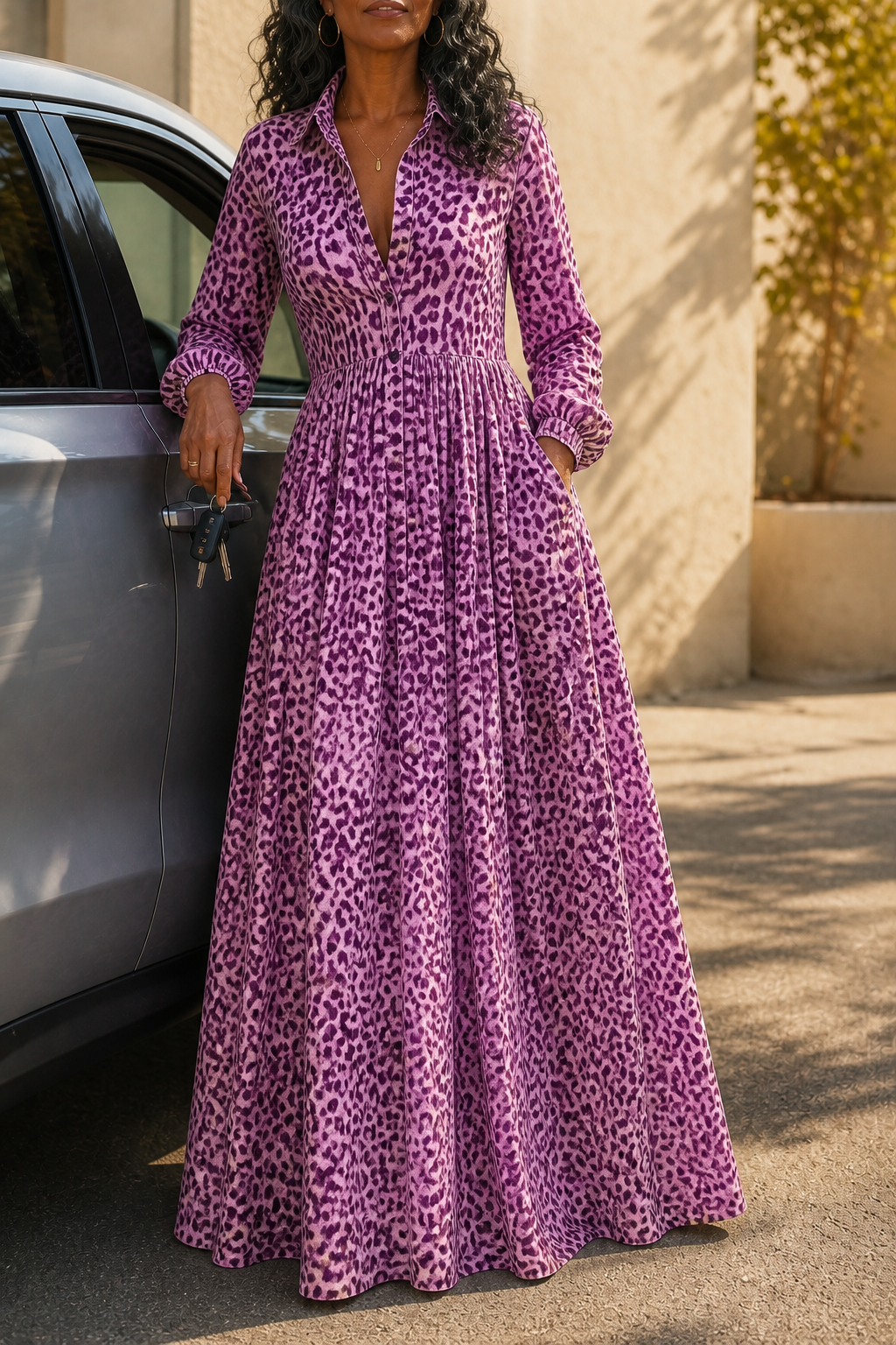 Leocara – Button-Front Leopard Print Maxi Shirt Dress