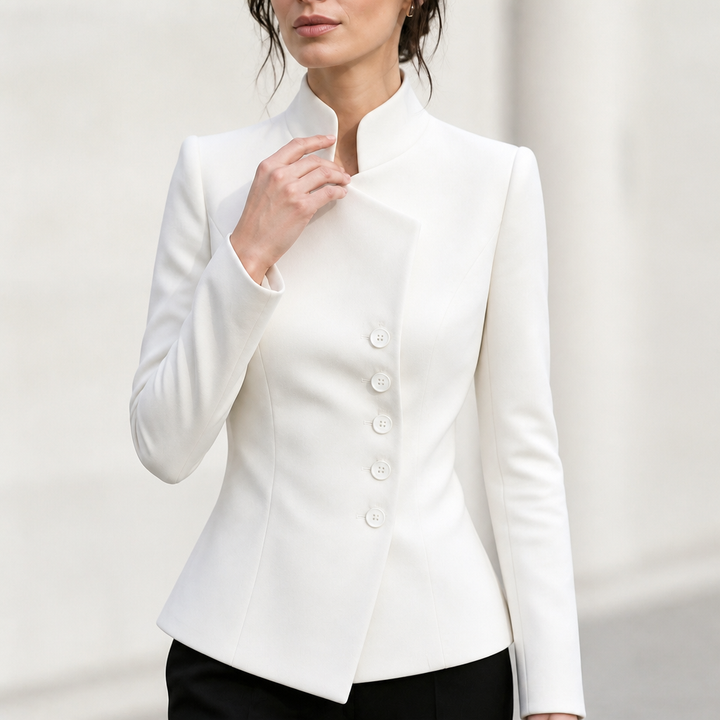 Vertica – Asymmetric Button-Up Stand Collar Blazer