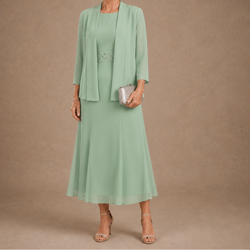 Elowen – Sleeveless Beaded-Waist Chiffon Dress With Jacket
