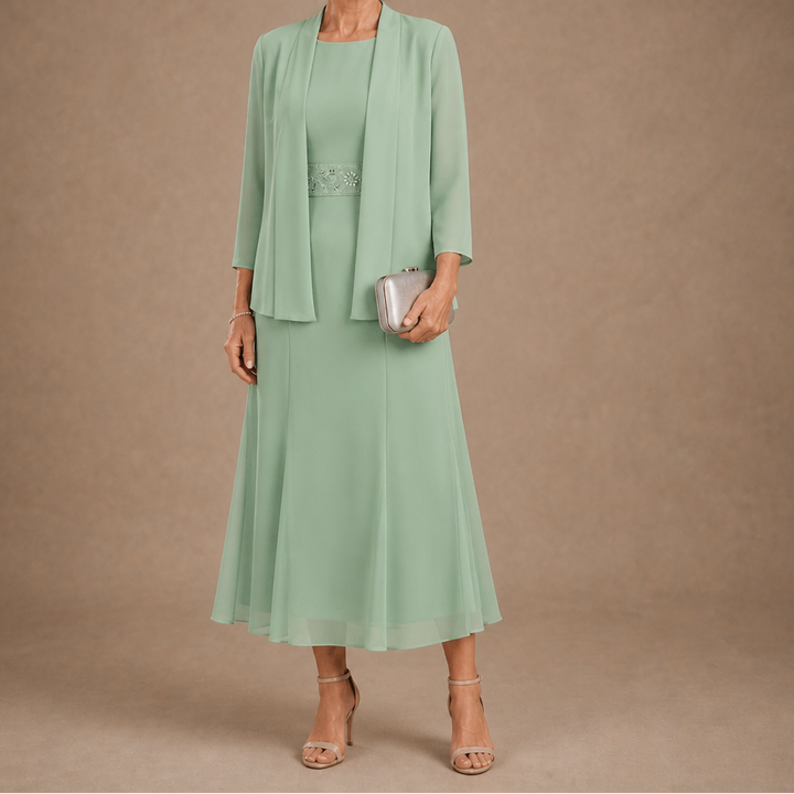 Elowen – Sleeveless Beaded-Waist Chiffon Dress With Jacket