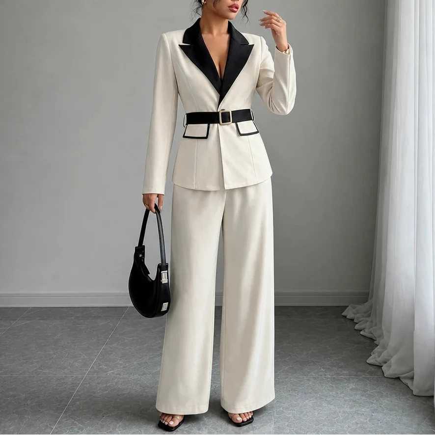 Vivia – Contrast-Lapel Belted Wide-Leg Pantsuit