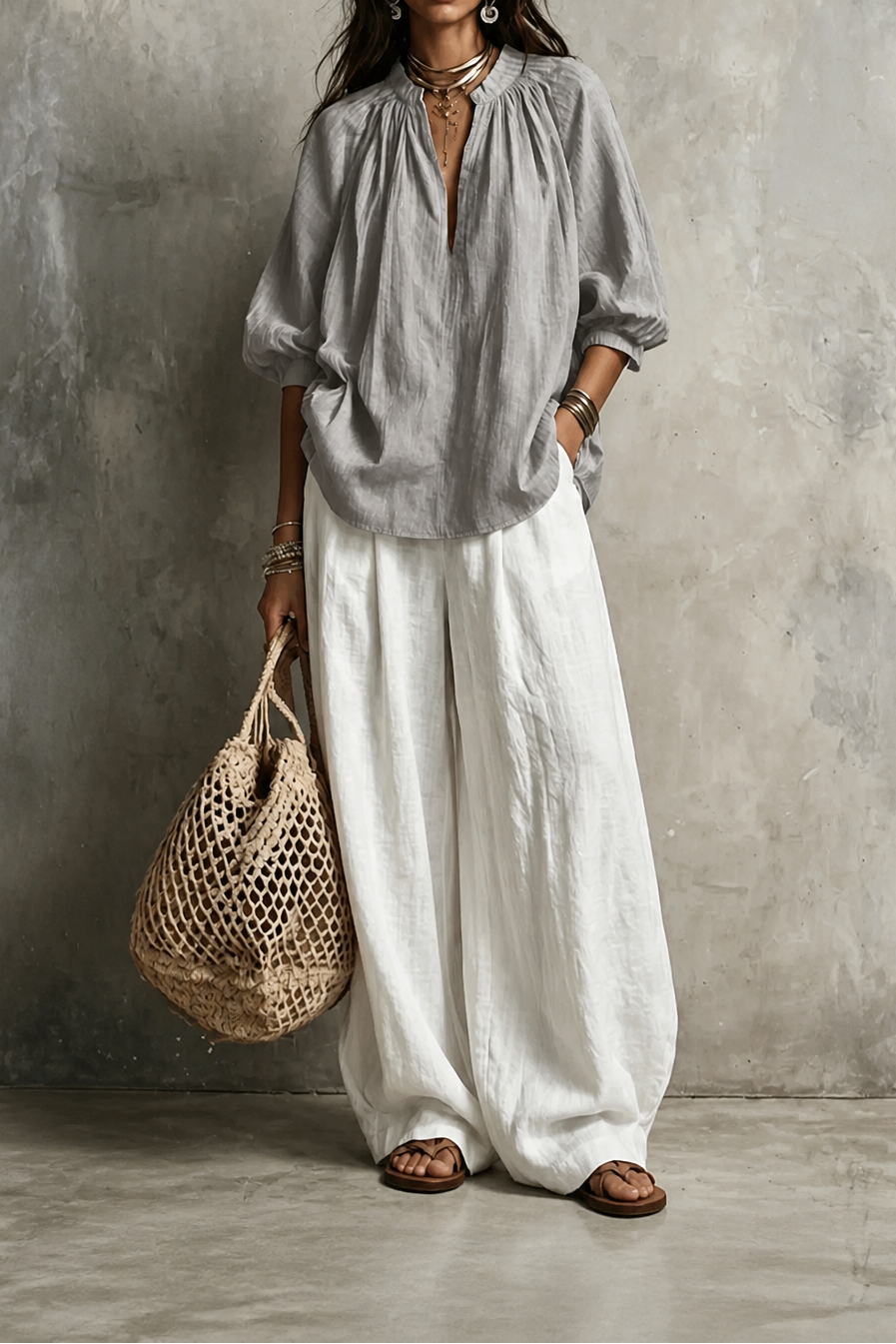Amselle – Ruched Collar Blouse And Wide Leg Pants Set