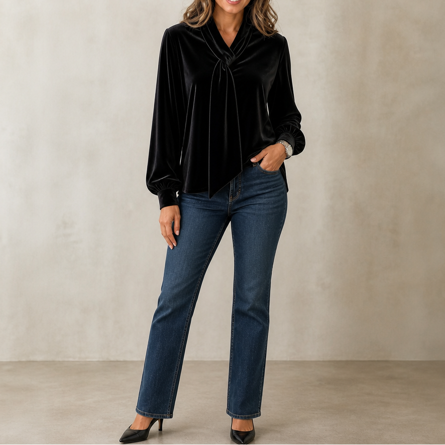 Veloura – Velvet Bow-Collar Long-Sleeve Top