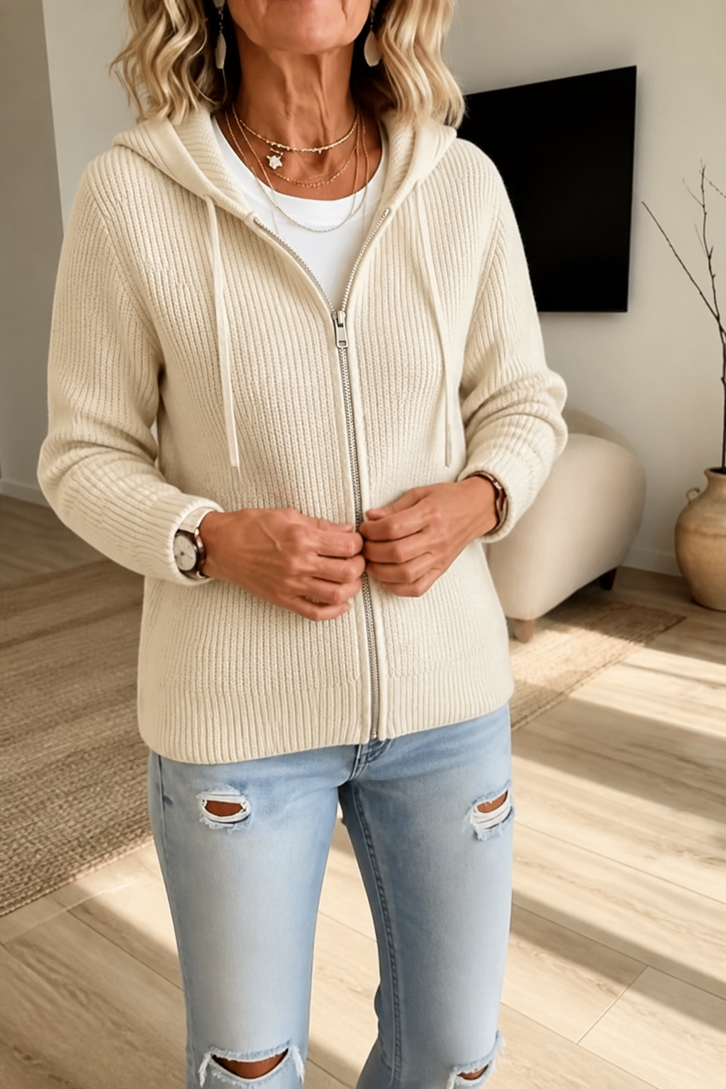 Stripevie – Ribbed Stretch-Knit Zip-Up Cardigan