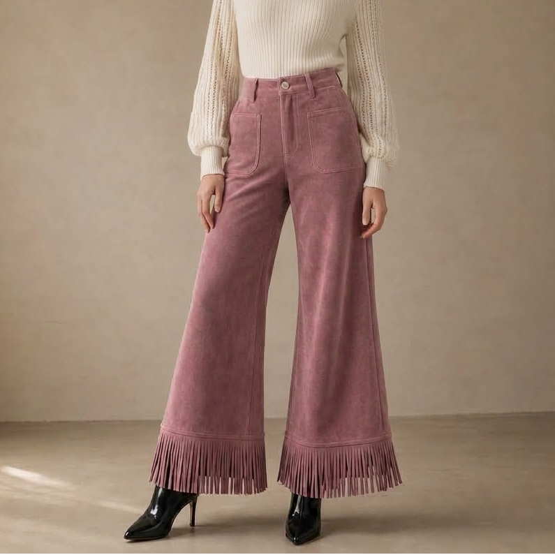 Suevera – Chic Fringe Accented Suede-Look Wide Leg Trousers
