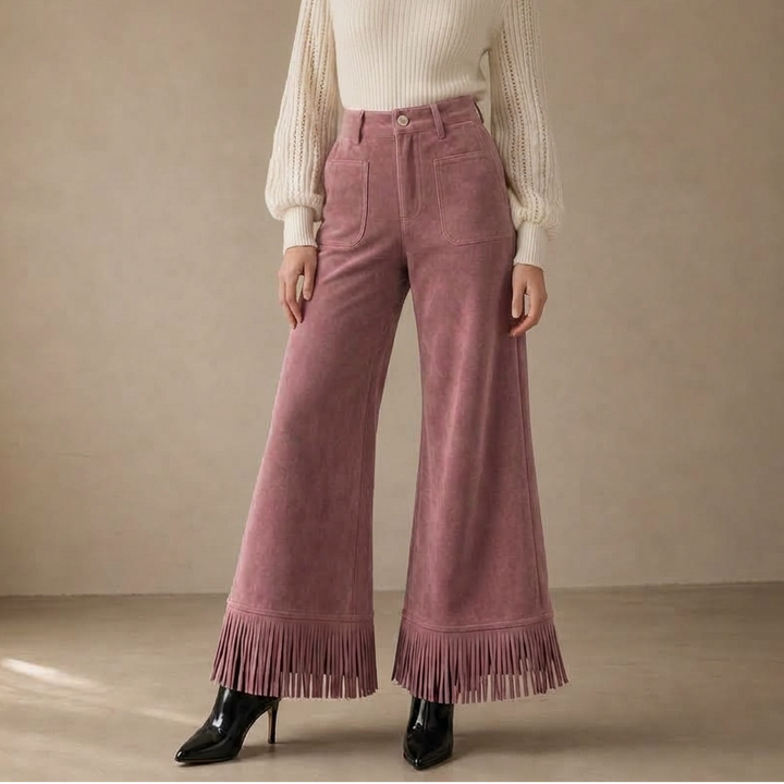 Suevera – Chic Fringe Accented Suede-Look Wide Leg Trousers