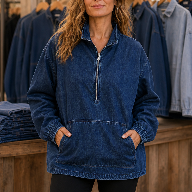 Half-Zip Haven – Washed Denim-Look Half-Zip Pullover