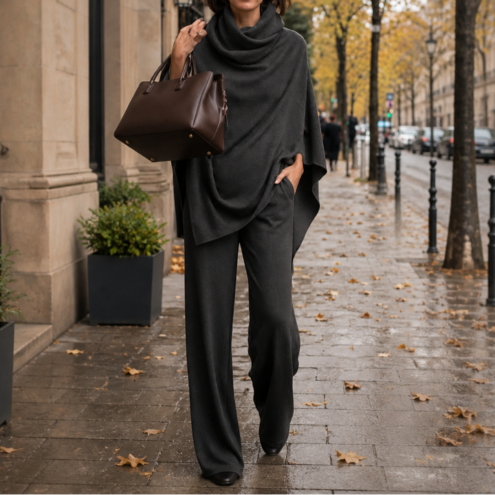 Draperie – Cowl-Neck Cape Top And Wide-Leg Trousers Set