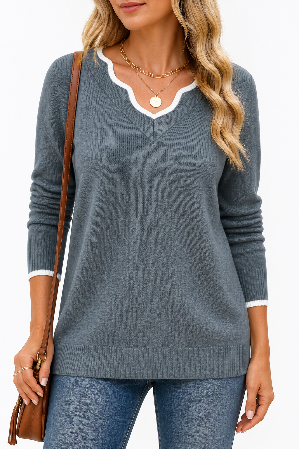 Wearbella – Wavy-Trim V-Neck Knit Top