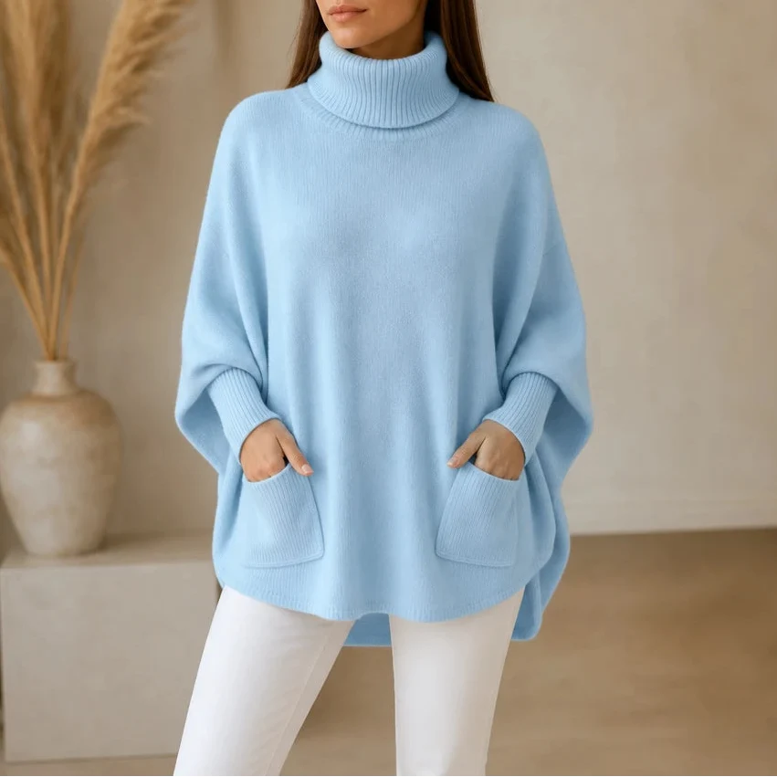 Veloura – Oversized Turtleneck Pocket Poncho Sweater